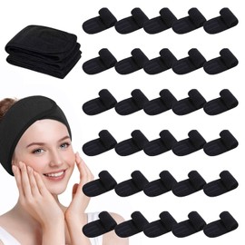 SHENGYIWA 30 Pack Adjustable Spa Headband for Women Non-Slip Facial Hair Wrap for Washing Face, Makeup, Shower, Skincare, and Yoga (Black, 30)