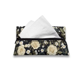Binienty White Rose Tissue Holder Retro Reusable Tissue Pouch for Travel Outdoor Zipper Enclosed Mini Tissue Holder Box Coin Purse Small Tissue Organizer 5.2 x 3.2 Inches
