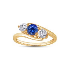 Wishrocks Round Cut Simulated Blue Sapphire & White Cubic Zirconia Three Stone Bypass Engagement Ring Jewelry For Women In 14k Yellow Gold Over Sterling Silver Ring Size- 7.5