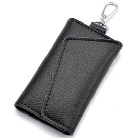 AprinCtempsD Men's Small Key Case Holder Genuine Leather Women's Key Holder Wallet Slim Key Chain Bag Keyring Unisex (Black)