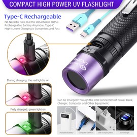 LIGHTFE UV304 UV Flashlight - High Power Ultraviolet - Rechargeable Type-C can be Used for UV Glue Curing, pet Urine Stains, ore Fluorescent Agent Detection…