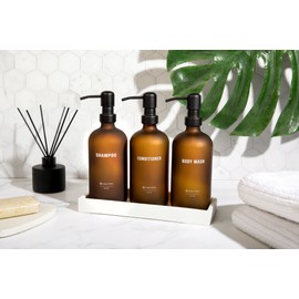 Casa Sofia Frosted Amber Glass Shampoo and Conditioner Dispenser Set – Refillable 16 OZ Bottles with Pump, Concrete Tray Included – Modern Bathroom Organization