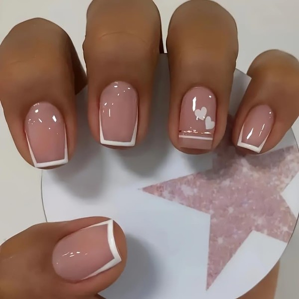 24Pcs White French Line Press on Nails Short Square Valentines