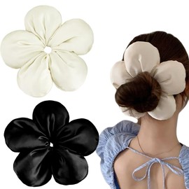 Large Flower Satin Hair Scrunchies for Women, Floral Shape Silk Hair Ties for Girls, Fashion Korea Oversized Flower Hair Accessories for Thick Curly Hair (Black and Beige)