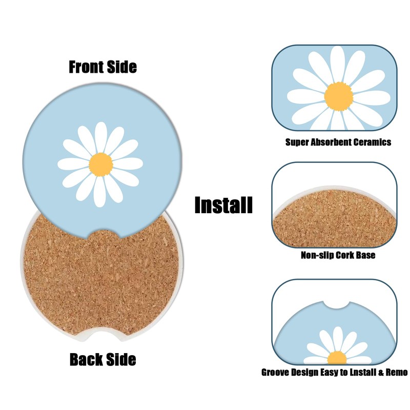 Cup Holders Car Coasters - White Daisy Flower Absorbent Ceramic