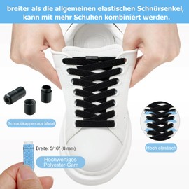 Puzeam 2 Pairs of Elastic Shoelaces, Flat, with Metal Capsule, Shoe Laces without Tying for Children, Adults Shoes, Rubber Laces, Black, 120