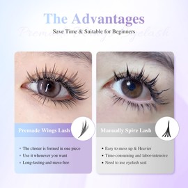 NAGARAKU Premade Wings Eyelash Extensions Air Series Comic Style Manga Anime Individual Lashes Volume Soft Black Flat Root Spikes Fans Eyelashes DIY Clusters Lash Salon -0.07 C Curl 14mm