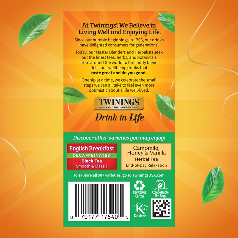Twinings Decaffeinated Irish Breakfast Black Tea Individually Wrapped Bags, 20