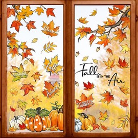 Fall Window Clings Watercolor Pumpkin Maple Leaves Window Decals Stickers for Autumn Thanksgiving Harvest Party Home Windows Glass Mirror Decor Home Kitchen Decorations