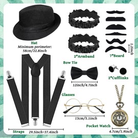 1920s Men's Accessories Set, 20s Adult Gatsby Gangster Accessories Kit with Formal Hat Straps for Party Supplies Dress Up (Black)