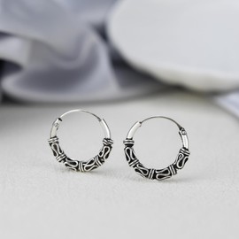 Balinese Interlace Tribal Ornate .925 Silver Hoop Earrings