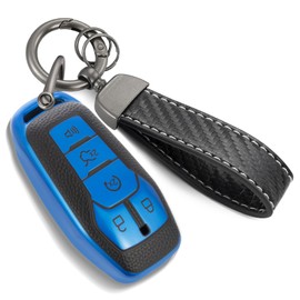 CTRINEWS for Ford Key Fob Cover with Carbon Fiber Style Belt Keychain, Upgraded TPU Surface Grain Case for Fusion Mustang F150-350Edge Explorer Lincoln MKC (5 Button) (Blue, A1)