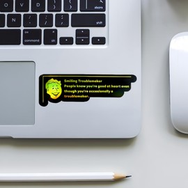 2-Pack Smiling Troublemaker Gamer Sticker – Holographic Handmade Paper Decal – Waterproof, Glossy, RPG Quote for Tumblers, Consoles, Notebooks