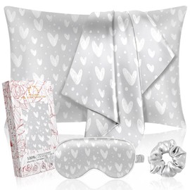 Miss Adola Mulberry 1Pack Silk Pillow Case for Hair and Skin 19 Momme Standard 75 x 50cm Silk Pillowcase with Eye Mask & Scrunchie Soft Silk Pillowcase Sleeping Gift for Women, Grey Heart