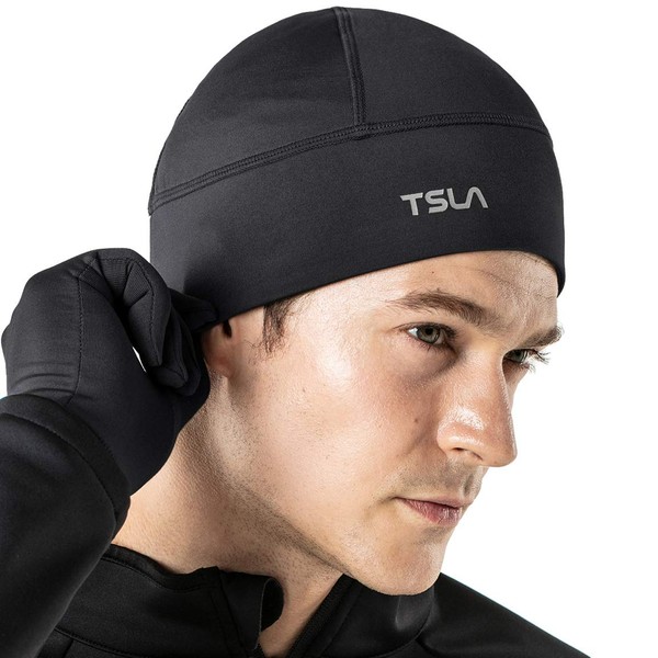 TSLA Men and Women Thermal Fleece Skull Cap, Winter Ski Cycling Under Helmet Liner, Running Beanie Hat, Cap 1piece Jet Black, One Size