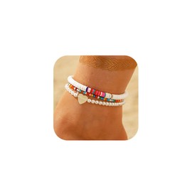 Jovono Boho Anklet with Beads, Layered Heart Anklet, White Beads, Anklets, Bracelet, Chains, Beach, Adjustable, 3 Pieces for Women and Girls