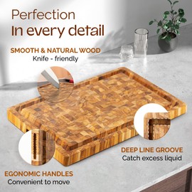 Yes4All Durable Teak Cutting Boards for Kitchen, [17''L x 13''W x 1.5” Thick] Medium End Grain Cutting Board, Pre Oiled Wood Cutting Boards, Thick Chopping Board w/Juice Grooves and Easy Grip Handle