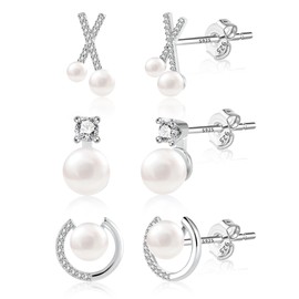 ASH'S CHOICE Pearl Stud Earrings for Women, 3 Pairs 925 Sterling Silver Pearl Stud Earrings Set, Small White Freshwater Pearl Earrings Strass Zircon Diamond Studs Studs Silver Studs Earrings Set