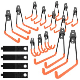 QcoQce 18 Pack Heavy Duty Garage Hooks with Extension Cord Straps, Wall Mount Hooks, Garage Organization and Tool Hangers for Bike, Ladder, Ropes and Garden Tools (Orange)