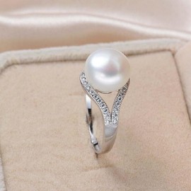 CUSIOALQQ 925 Sterling Silver Cubic Zirconia Pearl Ring for Women AAA Freshwater Cultured Pearl Bridal Engagement Ring CZ Stone Silver Jewelry Gift for Wedding Brides Prom Mother's Day Style 3