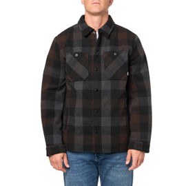 Bass Outdoor Men's Wool Blend Sherpa Lined Shacket, Brown/Grey Plaid