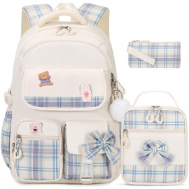 ACESAK Girls Backpack - 3PCS Backpack for Girls Cute School Backpacks for Girls Kindergarten Elementary Preschool Middle Kids School Bags with Lunch Box Pencil Case Set (Beige)