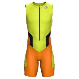 Sparx Men Competitor Triathlon Suit Mens Trisuits | Italian Technical Fabric | Soft Chamois | 4 Pockets | Bike-Swim-Run (Lime/Orange, 2XL)