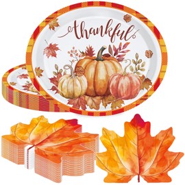 LINHAXM 50 PCS Thanksgiving Oval Paper Plates Large 9" X 11" Maple Leaf Napkins Fall Pumpkins Thanks Disposable Autumn Dinnerware for Harvest Thanksgiving Party Decorations