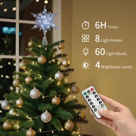 Lewondr Christmas Star Tree Topper, USB Powered Remote Controlled 11 Inch Multilayer Hexagonal Tree Toppers Christmas Decor with 8 Light Modes for Home Holiday Xmas, Timer Function, Silver
