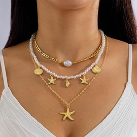 Beach Jewelry for Women Shell & Starfish Layered Necklace, Summer Seashell Pearl Puka Shell Beach Necklace Jewelry Gift for Her
