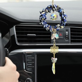 Crystal Hanging Car Charm - Handmade Auto Interior Ornament Car Rear View Mirror Charm, Dangling Butterfly&Healing Crystal Accessories, Rearview Mirror Decoration Pendant Presents for Women (Blue)