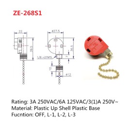 ZE-268S1 3 Speed Ceiling Fan Switch Zing Ear 268s-1 4 Wire Pull Chain Switch Control Replacement by Qiaoyang Brass