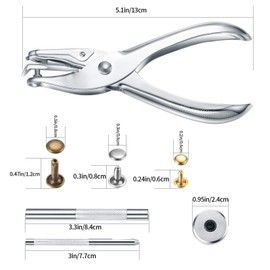 360PCS Leather Rivets, 3 Sizes Metal Double Cap Tubular Rivets, with Leather Hole Punch Pliers and Fixing Tool Kit, for DIY Leather Craft Repairs Decoration (Gold/Silver/Bronze/Black)