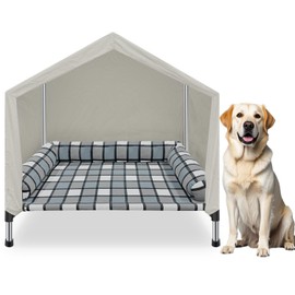 Elevated Dog Pet Bed House - Weatherproof 2-in-1 Indoor Outdoor Pet Cot with Canopy & Bolster Cooling Portable Raised Dog Bed with Pillow for Camping Beach