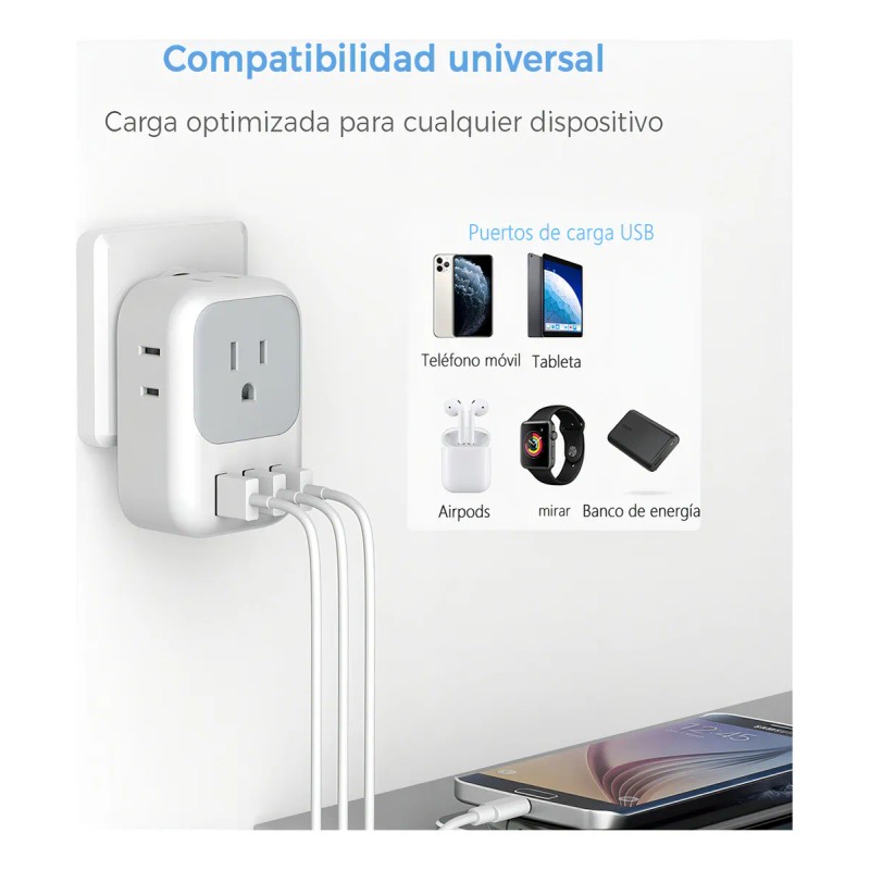 Adaptador Enchufe Europeo Tessn 4 Tomas 2 Pines y 3