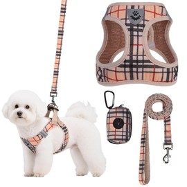 PAWCHIE Dog Harness and Leash Set, Step in No Pull Soft Pet Harness, Reflective Adjustable Puppy Vest for Small Medium Dogs Cats, No Choke Harness Vest with Poop Bag Holder for Walking,Running,Beige S