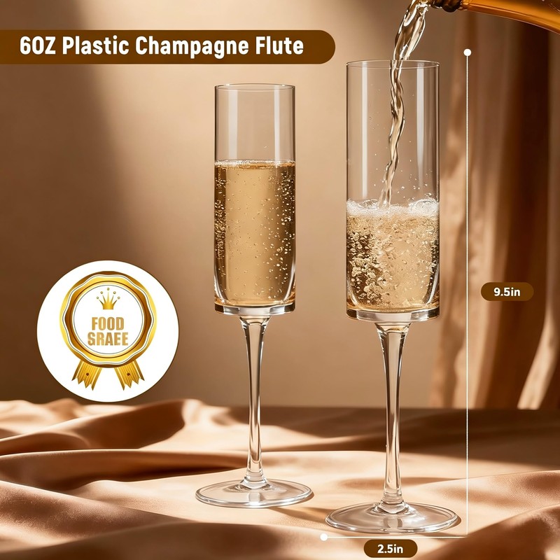 Plastic Champagne Flutes, Disposable Stemless-Look Glasses with Long Stems, Clear
