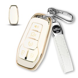 MILD EAST Key Fob Cover for Ford with Key Chain, Soft TPU Car Key Case Shell for Ford Mustang Fusion Explorer Edge Lincoln MKC MKX MKZ, Full Protector Holder for 5 Button Keyless Entry Remote, White
