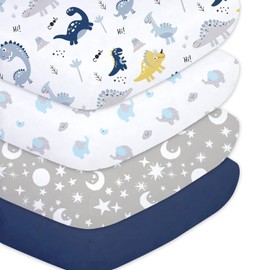 Little Grape Land Baby Fitted Sheets - Fitted Sheets for Cot Bed Pack of 4 - Soft Microfibre - Oeko-Tex Standard 100 (4PK Dinosaur - 70 x 140 cm)