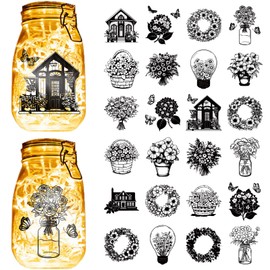 CREATCABIN 24 Pcs Flowers Silhouettes Jar Decals Mason Jar Decor Cut Out Stickers Scrapbooking Ornament Display Self Adhesive Waterproof Decoration for Glass Lantern Light Window Camping 3.5x3.9 Inch