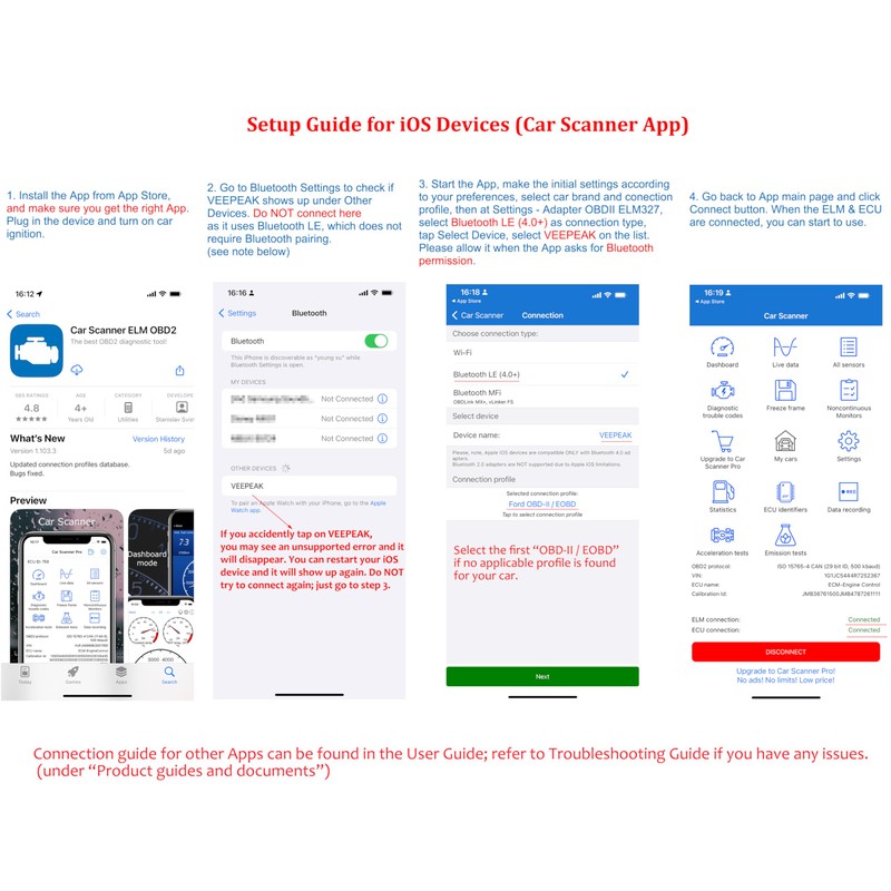 Veepeak OBDCheck BLE Bluetooth OBD II Scanner for iOS &