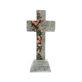 Kingdom Supplies Biblegifts 32cm Standing Grave Cross In Loving Memory Stone Look Resin Ornament Pink Climbing Rose Boxed Gift