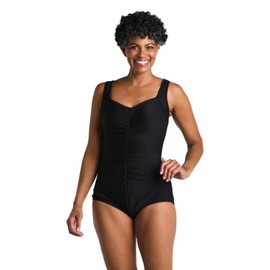 Maxine of Hollywood Women's Standard Shirred Front Girl Leg One Piece Swimsuit, Black//Solids, 14