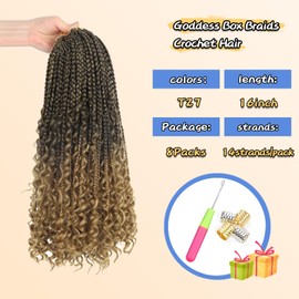 Boho Box Braids Crochet Hair, 16 Inch Pre-looped Goddess Box Braids Crochet Hair Bohemian Crochet Boho Crochet Braids With Curly Ends Synthetic Crochet Hair For Women(16 Inch (Pack of 8), T27)