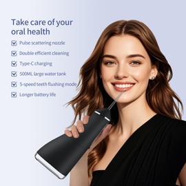 Water Dental Flosser Cordless, KUSKER Portable Oral Irrigator for Teeth, 5 Modes and 4 Jet Tips, IPX7 Waterproof, Rechargeable for 30-Days Use, Home, Travel, Braces, 500ML Capacity(Dark Black)