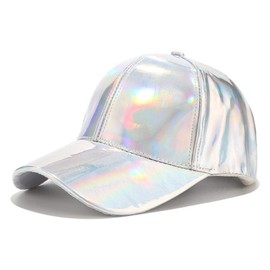 niumanery Women Men Faux Leather Baseball Cap Glitter Metallic Holographic Rainbow Reflective Hip Hop Adjustable Strapback Peaked Hat Silver