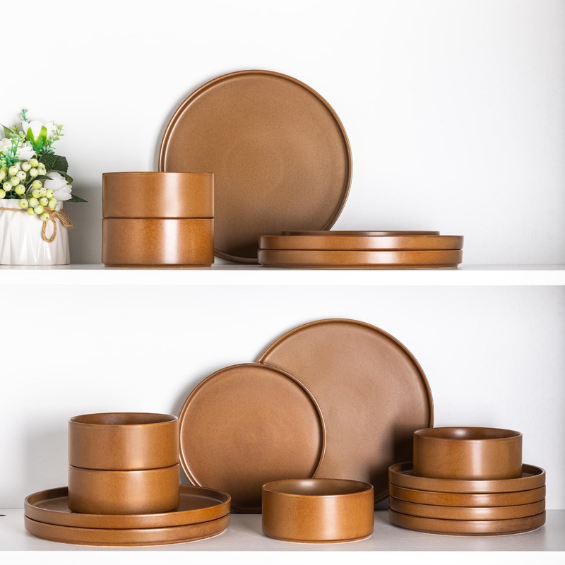 LERATIO Ceramic Dinnerware Sets for 6, High Edge Stoneware Plates