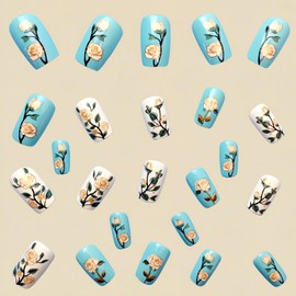 Golden Rose Press on Nails Short Square Shaped False Nails Glossy Blue Fake Nails with Flower Leaf Designs Spring Acrylic Nails Full Cover Stick on Nails for Women Nails Manicure Decor 24 Pcs