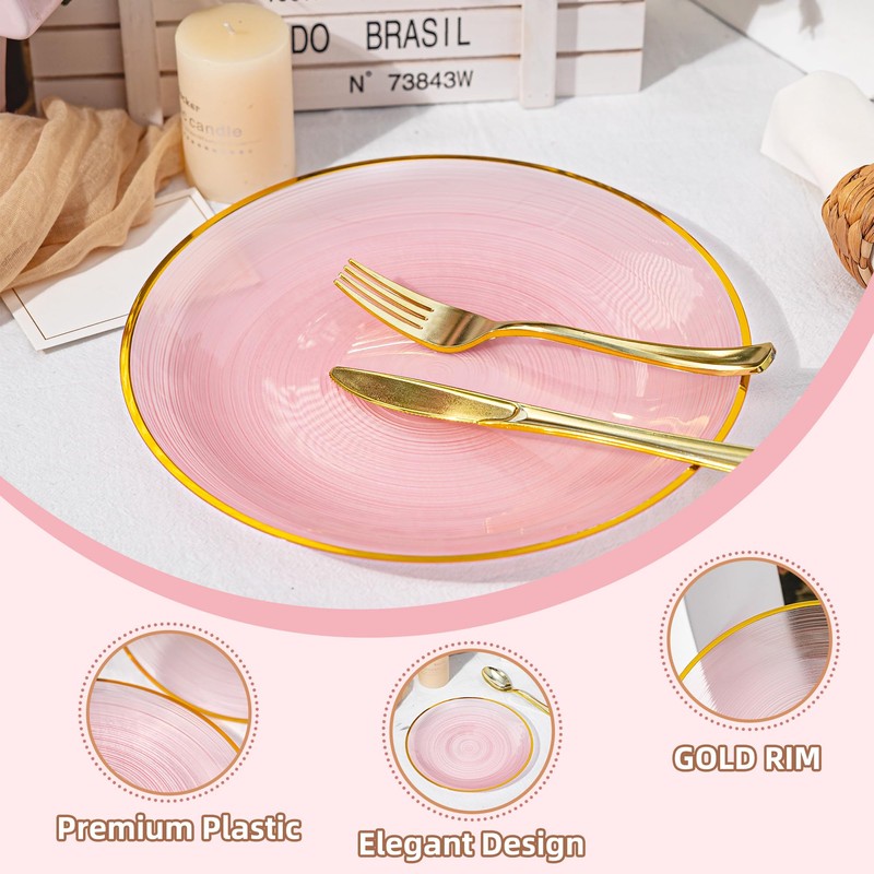 100PCS Transparent Pink Gold Plastic Plates, 10in Dinner Plate