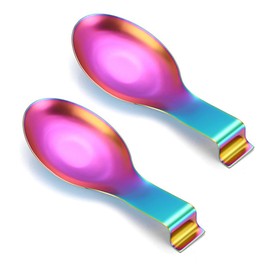 2Pcs Spoon Rest Set, Stainless Steel Spoon Ladle Holder Spatula Rest for Kitchen Stove Top, Kitchen Utensils Holder for Ladles, Tongs, Spatula, Stove Spoon Holder (Rainbow)